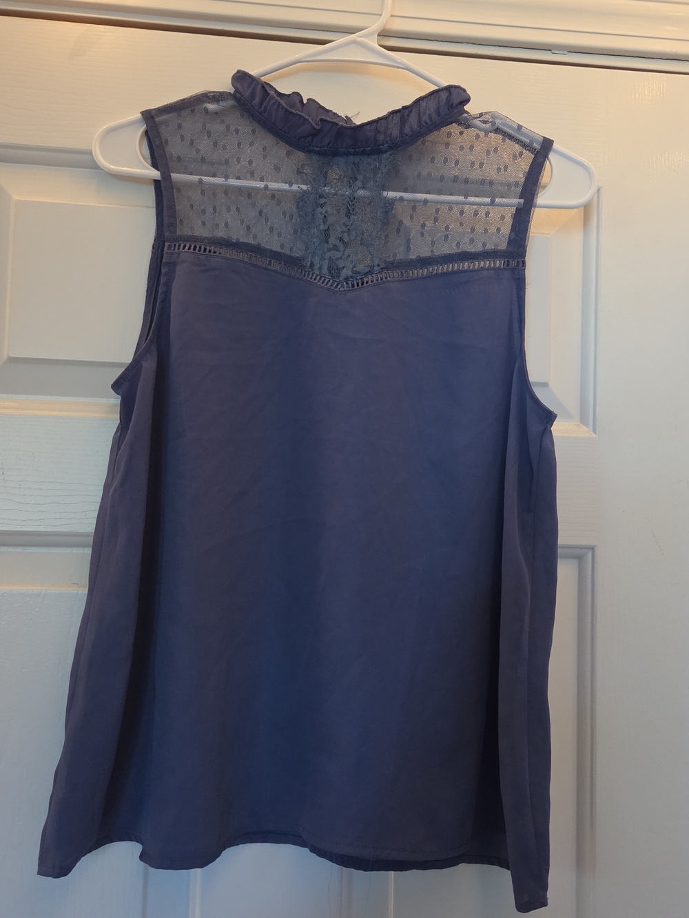 Sleeveless Lace Yoke Top in Navy with Ruffle Neck